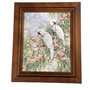 Vintage Framed Clay Tile Trivet Cockatiels Floral Indonesia Made Asian Tile
